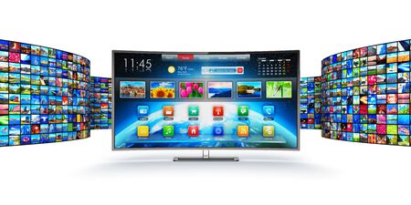 Creative abstract web streaming media TV video service technology, multimedia business internet communication and cinema content production concept: 3D render illustration of modern curved smart television screen display monitor with endless walls of screens with color photos and colorful displays with different images isolated on white backgroundの写真素材