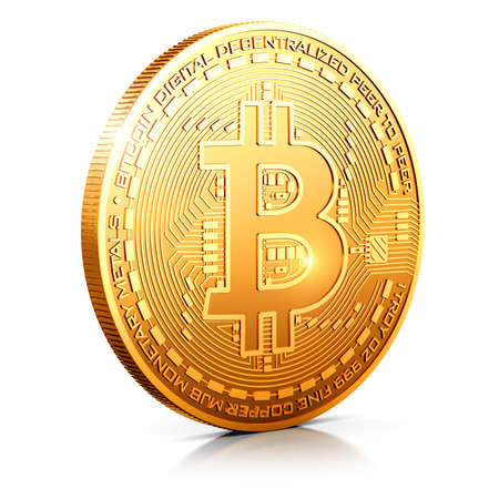 Creative abstract internet business ans stock exchange market trading concept: 3D render illustration of golden bitcoin coin with cyrptocurrency or virtual blockchain gold crypto currency isolated on white background with reflection effectの写真素材