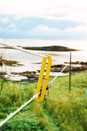 Clothesline with a view of bayの写真素材