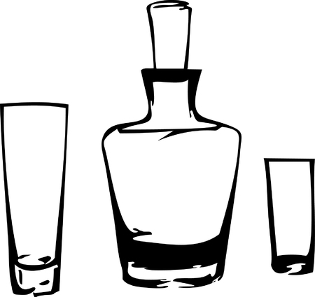Decanter with two glasses. Sketch. Calligraphy. Vector.のイラスト素材