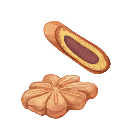 Watercolor traditional Japanese sweets Momiji Manju are sweet pastries stuffed in the shape of a...