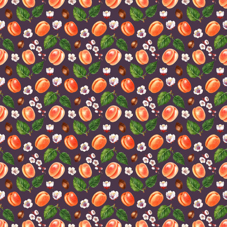 Watercolor seamless patterns of orange apricot, blooming apricot branches and flowers