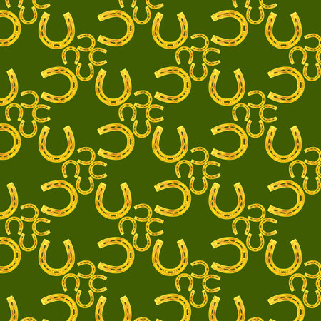 Watercolor seamless pattern with horseshoes. Illustrations with metal and natural texture in vintage style on green backgroundの写真素材
