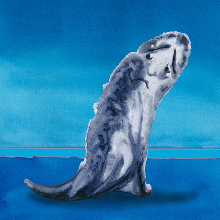 Watercolor story in 35 frames of the adventures of Blumo - Blue Monday during the holidays shows how to find your friend, your other half, in the vast world of lonelinessの写真素材