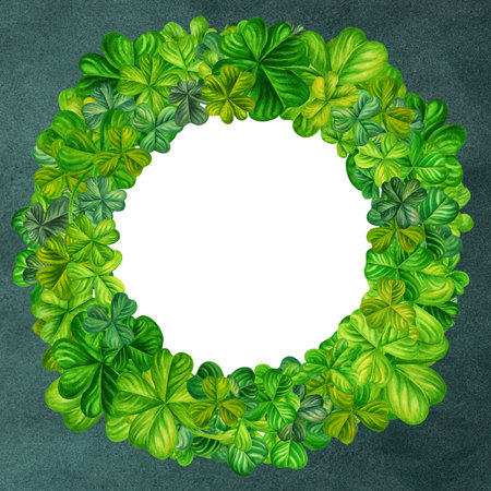Watercolor wreath with green trefoil and quatrefoil shamrocks. Design of a bright illustration of jewelry for St. Patricks Day, magic, treasures, wishes of good luck on white backgroundの写真素材