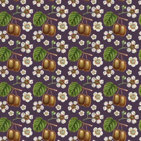 Seamless patterns with watercolor kiwi fruits, green leaves and white blooming flowers for fabrics, textiles, packaging, wrapping paper, backgrounds for juices, food, cakes, confectionery, sweetsの写真素材