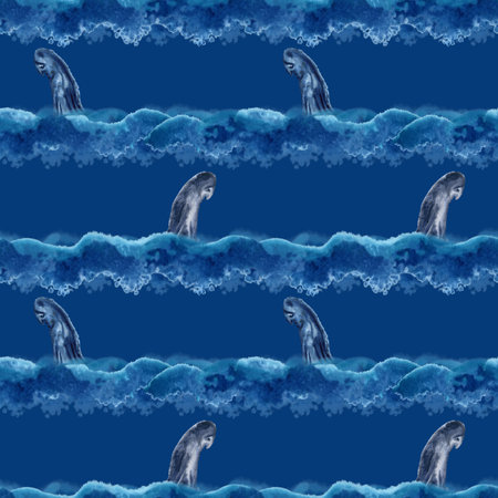 Watercolor abstract blue seamless pattern with sea, waves, sky, clouds and blue Monday mood - sadness, loneliness and depressionの写真素材