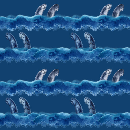 Watercolor abstract blue seamless pattern with sea, waves, sky, clouds and blue Monday mood - sadness, loneliness and depressionの写真素材