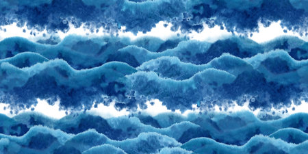Watercolor blue seamless border for the image of the sea, waves, sky, clouds, background, abstract seascapes with texture. Illustrations isolated on a white background and created for design projectsの写真素材