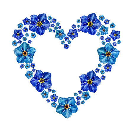 Blue floral heart with delicate forget me not flowers painted in watercolor. Illustration of flower composition for wedding invitations, card valentines day, wedding, stickers, scrapbook, loveの写真素材