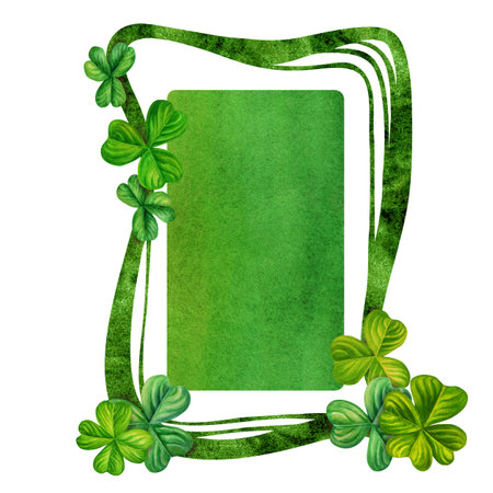 Watercolor vintage fantasy frame with hand drawn four leaf clover for St. Patricks Day for good luck, for invitation card template, announcements, magic games, fairy tales, book titles, scrapbookingの写真素材