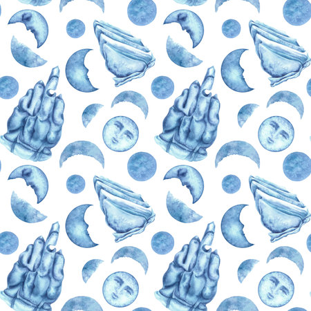 Watercolor seamless patterns with blue icebergs and magic moons for template, clipart for winter holidays, Earth Day, Marine and Ocean life, for scrapbook, stickers, cards, borders, framesの写真素材