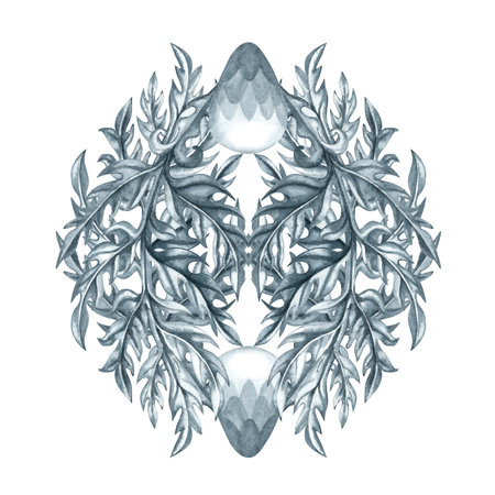 Watercolor monochrome gray abstract plant patterns and branches with leaves for borders, frames, background, textiles, fabrics, cards, stickers, scrapbooking, invitations, greetingsの写真素材