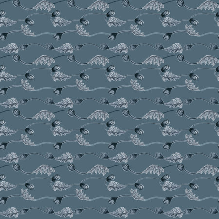 Monochrome watercolor seamless patterns with poppy flowers, stems, buds and leaves in black and white for stylish floral designs for fabric, packaging, scrapbooking, banners, stickers, wallpapersの写真素材