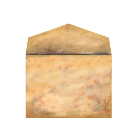 Old vintage envelope made of beige parchment paper in an antique style. Watercolor illustration for design templates for Book Day, Teachers Day, antique shops, libraries, calligraphersの写真素材