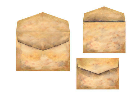 Old vintage envelope made of beige parchment paper in an antique style. Watercolor illustration for design templates for Book Day, Teachers Day, antique shops, libraries, calligraphersの写真素材