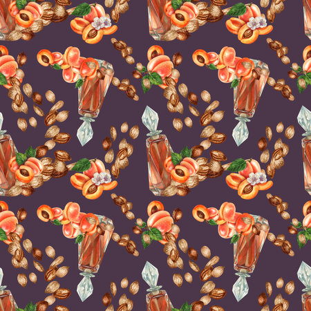 Seamless pattern with watercolor apricot kernels and seeds for design templates for fabric,...