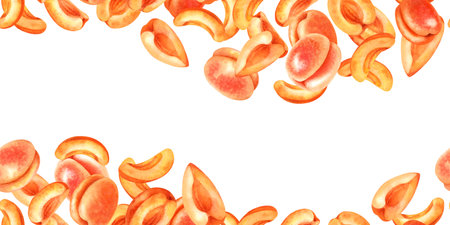 Seamless border with bright juicy apricots. Watercolor illustration of liqueur, amaretto, perfume,...