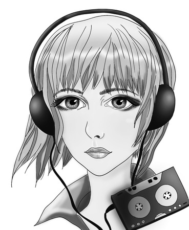 Girl with a player. Black and white illustrationの写真素材