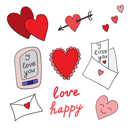 Set of love icons. Hearts and love letters on white backgroundのイラスト素材