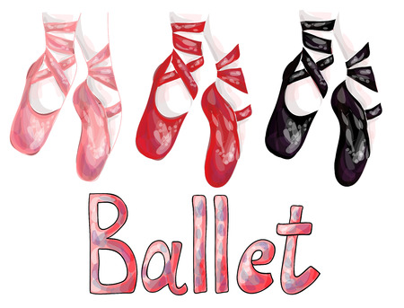 Red, pink and black ballet pointe shoes on white backgroundのイラスト素材