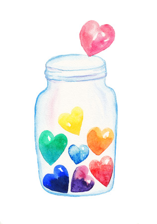 Jar of rainbow hearts. Watercolor illustration on white backgroundの写真素材