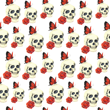 Pattern with skull, red rose and red butterfly on white backgroundの写真素材