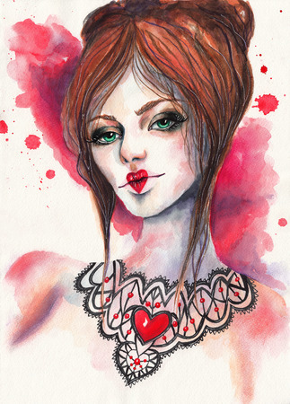 Queen of Hearts. Watercolor illustration on textured paper. Girl with necklaceの写真素材