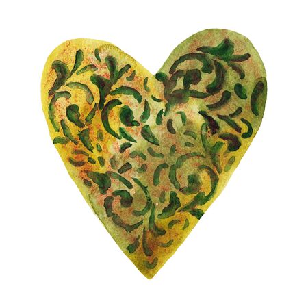 Green watercolor heart with ornaments and bronze spots on a white background. Template for designの写真素材