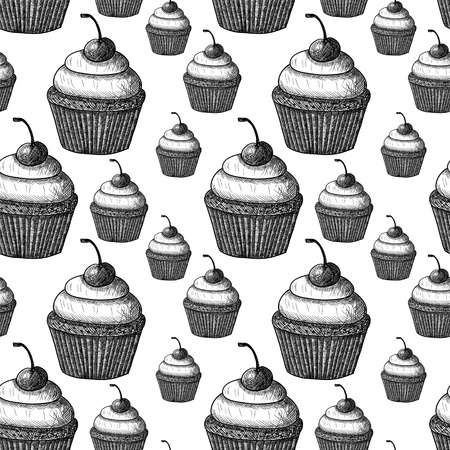 Seamless pattern with cherry cupcakes. Sketch. Black and white hand-drawn backgroundの写真素材