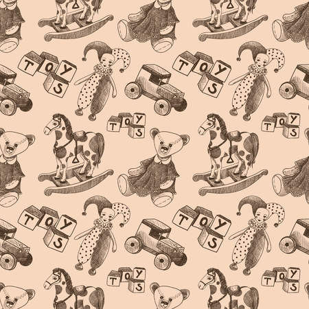 Seamless pattern with vintage toys. Dolls, cubes, jesters, teddy bears, wooden cars, rocking horsesの写真素材