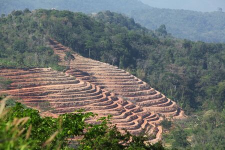 The plowed slope of a hill on Phuket island, Thailandの写真素材