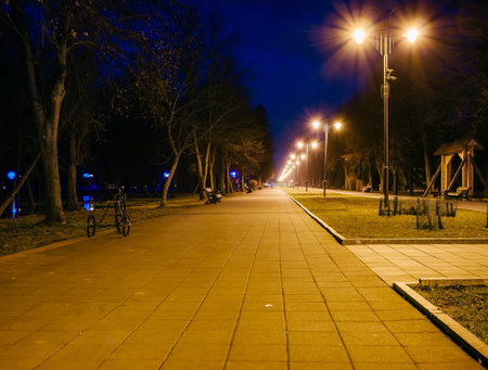 Night city park. Wooden benches, street lights and park alley. The tiled road in the night park with lanterns. Benches in the park at night. Illumination of a park road with lanterns at night. Lutskの写真素材