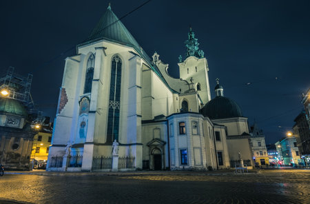 Cathedral Basilica of the Assumption, Lviv in the night. An ancient cathedral in the historical part of the city of Lvivの写真素材