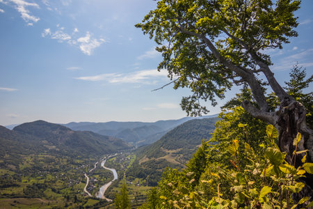 View from a high mountain to a valley between mountains with a river and a village on a summer day....