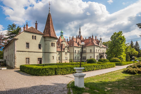 Hunting castle of Count Shenborn in Carpaty Village Chinadiyevo. Hunting Shenborn Palace built 1890-1895 on a warm summer day.. Zakarpattja Transcarpathion Region, Ukraineのeditorial素材