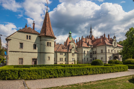 Hunting castle of Count Shenborn in Carpaty Village Chinadiyevo. Hunting Shenborn Palace built 1890-1895 on a warm summer day.. Zakarpattja Transcarpathion Region, Ukraineのeditorial素材