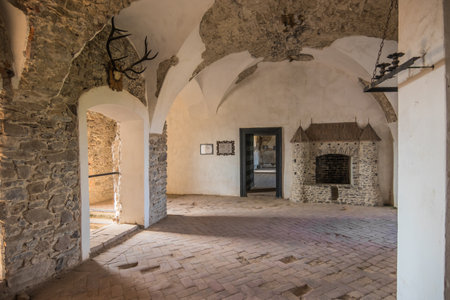 SEPTEMBER 9, 2022 Ancient dilapidated premises of the castle. Chinadiyev Castle (Saint Miklos) is an architectural monument of the 14-19th centuries, Chinadiyovo village,Ukraine.のeditorial素材