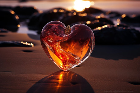 The romance. An amber heart-shaped gem nestled on sandy shores near the sea, illuminated by the warm hues of a breathtaking sunset. A perfect blend of nature's beauty and love's timeless charmの素材