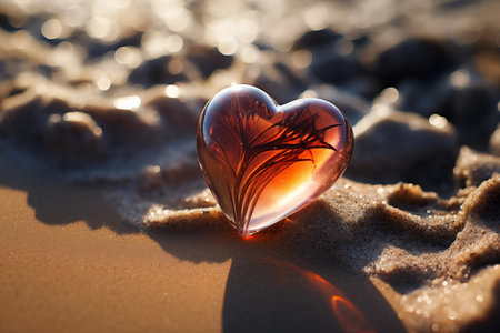The romance. An amber heart-shaped gem nestled on sandy shores near the sea, illuminated by the warm hues of a breathtaking sunset. A perfect blend of nature's beauty and love's timeless charmの素材