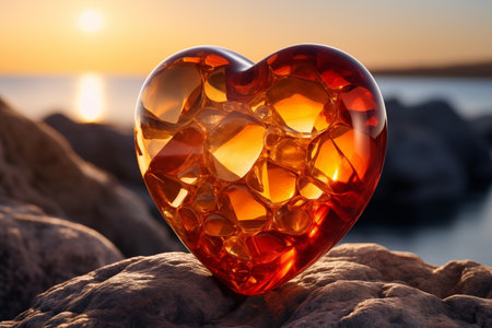 The romance. An amber heart-shaped gem nestled on stones shores near the sea, illuminated by the warm hues of a breathtaking sunset. A perfect blend of nature's beauty and love's timeless charmの素材