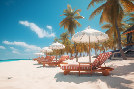 Serenity unfolds: A tropical paradise captured in a snapshot-sun-kissed beach, azure sea, reclining deck chairs, swaying palms. Warmth and beauty in perfect harmony. Sunny day at the sea under palmの素材