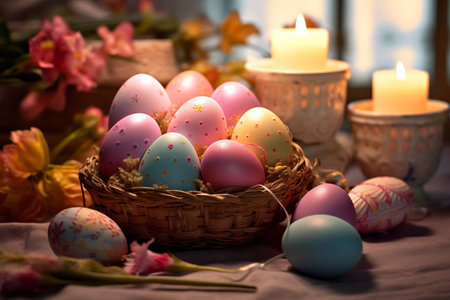 A delightful Easter scene: vibrant painted eggs nestled in a basket alongside flickering candles, celebrating Holy Easter. Capturing the spirit with vibrant colors and whimsical charmの素材