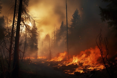 Forest on fire. Ecological catastrophe. A captivating image of a blazing forest, where nature's fury paints the sky with flames, telling a tale of both chaos and resilience in just one snapshotの素材
