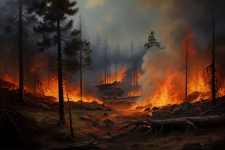 Forest on fire. Ecological catastrophe. Nature's fury unleashed: a haunting scene of a forest consumed by flames, a stark reminder of the power and devastation of wildfiresの素材