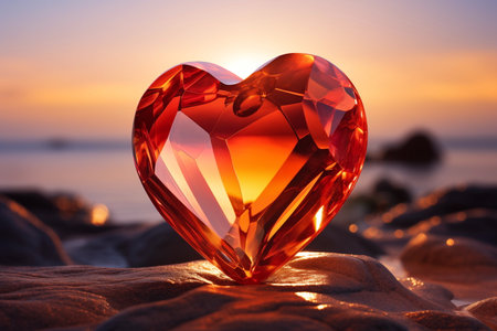 The romance. An amber heart-shaped gem nestled on stones shores near the sea, illuminated by the warm hues of a breathtaking sunset. A perfect blend of nature's beauty and love's timeless charmの素材
