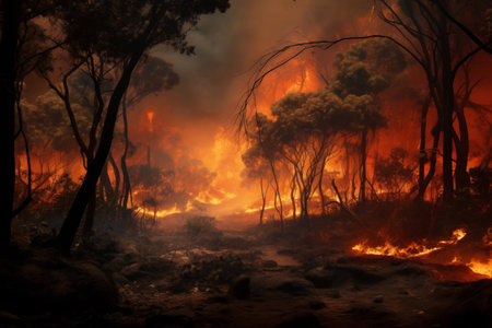 Forest on fire. Ecological catastrophe. A captivating image of a blazing forest, where nature's fury paints the sky with flames, telling a tale of both chaos and resilience in just one snapshotの素材