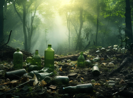 Human impact on nature: a disheartening sight of litter and discarded bottles amidst the serene beauty of the forest. Garbage in a forest. Glass bottles of alcohol are scattered in the forestの素材