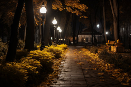 The teiled road in the night park with lanterns in autumn. Benches in the park during the autumn season at night. Illumination of a park road with lanterns at night. Mariinsky Park. Kyivの素材