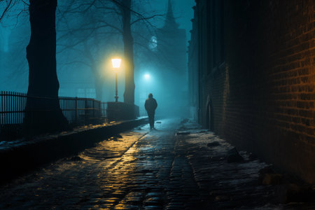 A lone figure traverses the misty city streets on a frosty night, leaving footprints in the remnants of snow. Dimly lit by lampposts, the person walks through the atmospheric wintry urban landscape.の素材